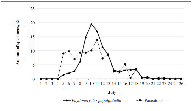 Dynamics of Ph. populifoliella and its parasitoids eclosion in the field lab 2010.
