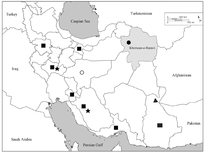 Collecting localities of Drasteriodes records in Iran’s map. Black spot: collecting locality of D. kisilkumensis in Shirahmad wildlife refuge (in the Khorasan-e-Razavi province in NE Iran)