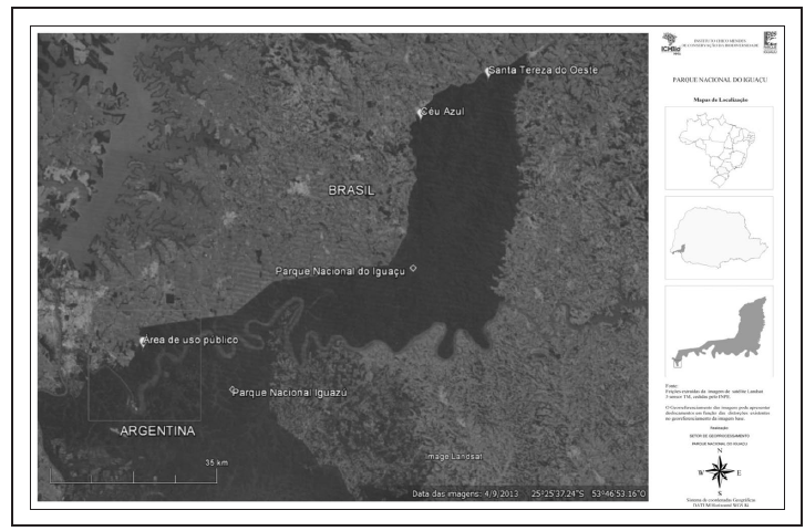 Localização das áreas de estudo do Parque Nacional do Iguaçu, Paraná, Brasil. Fonte: ICMBio