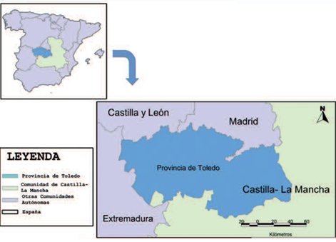 Localización de la zona de estudio, provincia de Toledo, Castilla - La Mancha, España