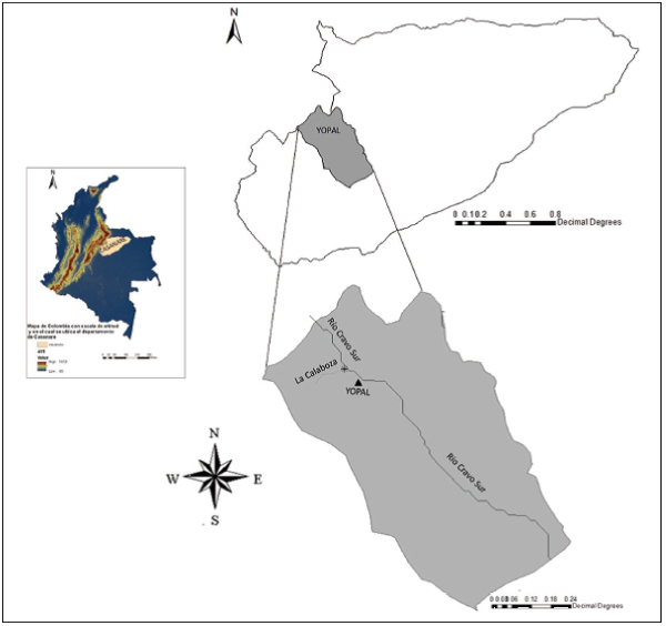 Figura 1.– Ubicación
geográfica de la Quebrada La Calaboza, en el municipio de Yopal Casanare,
Colombia. El asterisco indica el delta de la quebrada sobre el rio Cravo Sur y
la ubicación de la Cabecera Municipal de Yopal.