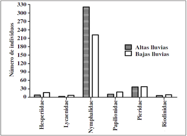 Figura 2.– Abundancia en mariposas a
nivel de familias para altas y bajas lluvias en la microcuenca la Calaboza.