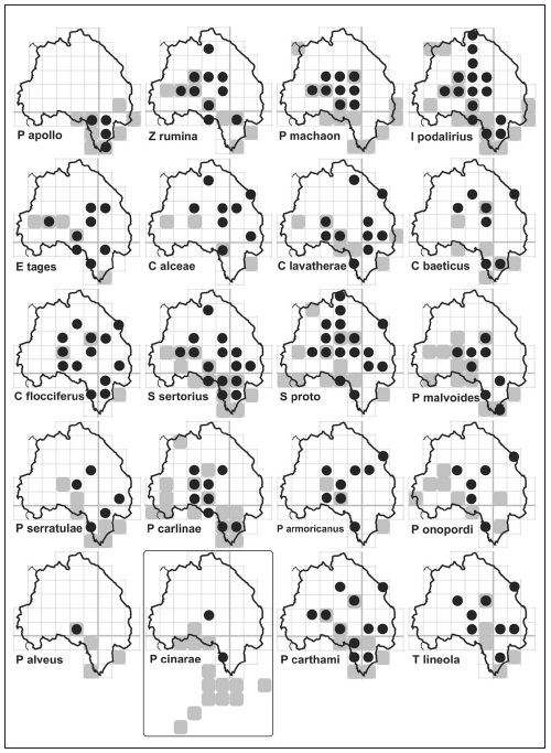Mapas de distribución de las especies de Papilionidae, Hesperiidae, Pieridae, Riodinidae y Lycaenidae en el área estudiada.
