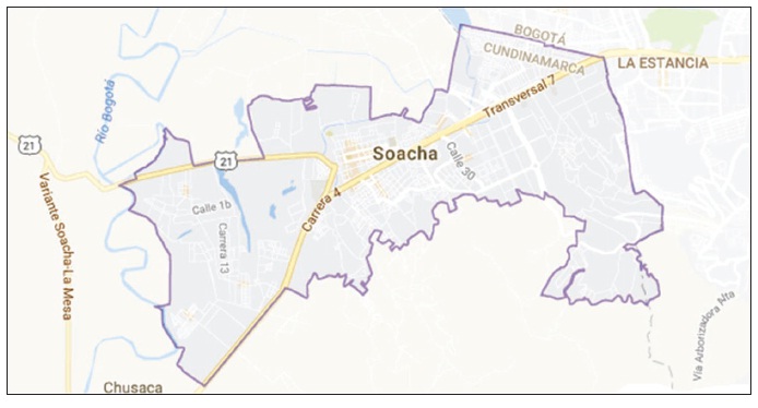 Localización municipio de Soacha, Cundinamarca. Imagen tomada de Google maps (2017).