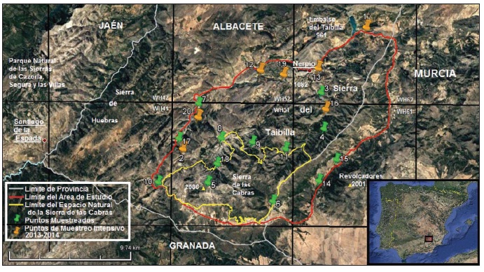 Mapa de localidades muestreadas en la sierra del Taibilla y sierra de las Cabras (Modificado deGoogle Earth 2016).